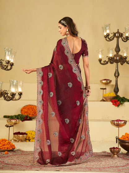 Wine Maroon Designer Fendy Satin Saree with Heavy Embroidered Border | Elegant Party Wear Festive Saree with Floral Embroidery & Matching Blouse