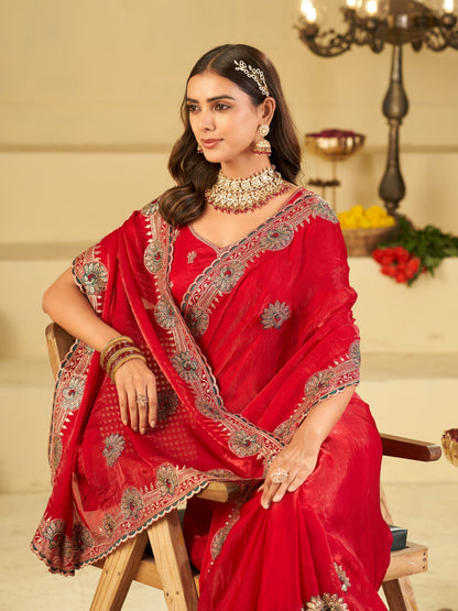 Rani Pink Designer Fendy Satin Saree with Heavy Embroidered Border | Elegant Festive Party Wear Saree with Floral Embroidery & Matching Blouse