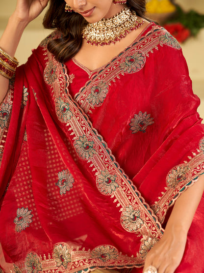 Rani Pink Designer Fendy Satin Saree with Heavy Embroidered Border | Elegant Festive Party Wear Saree with Floral Embroidery & Matching Blouse