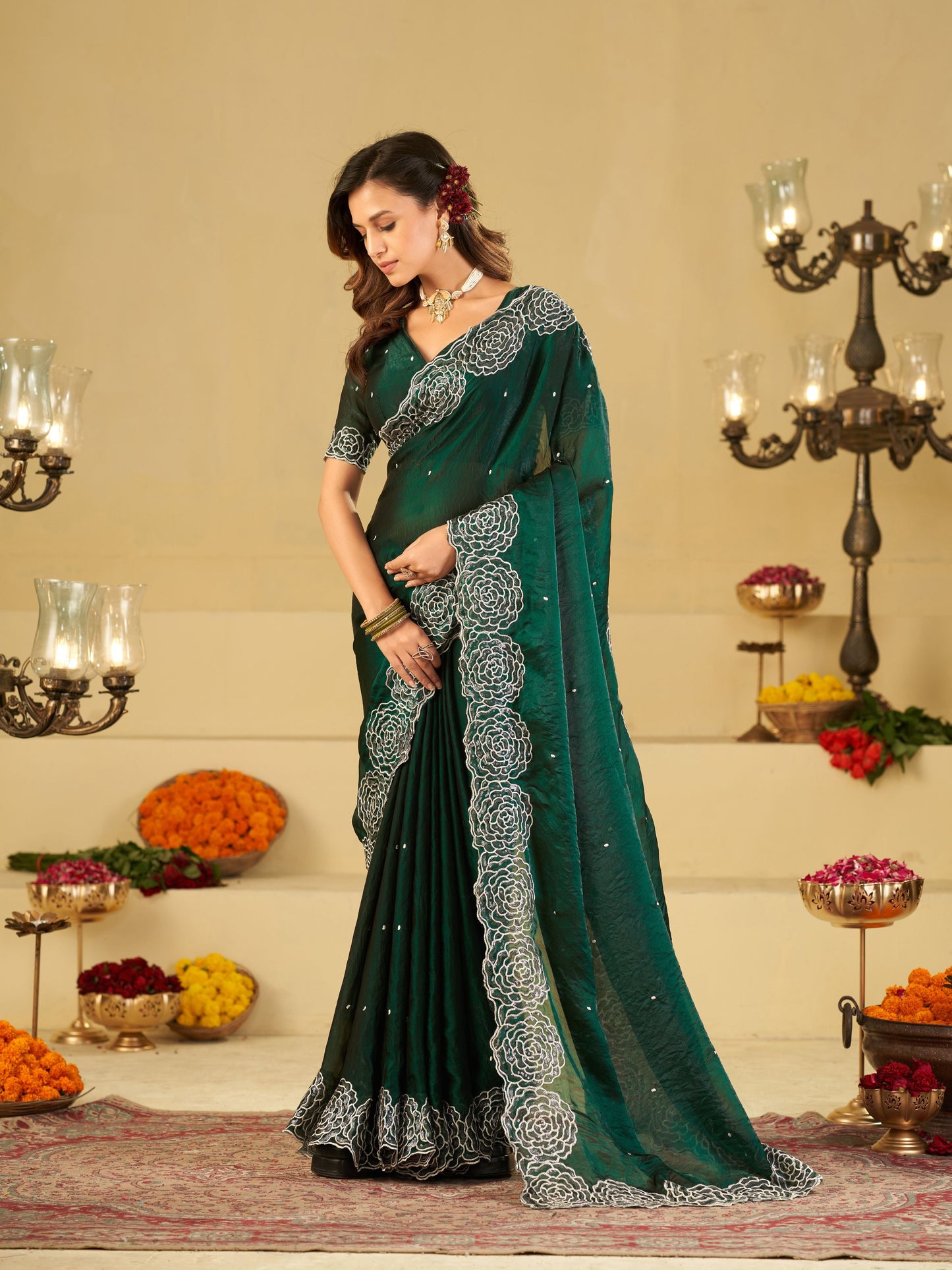 Bottle Green Fendy Satin Saree with White Floral Embroidery Border | Elegant Designer Party Wear Saree with Blouse