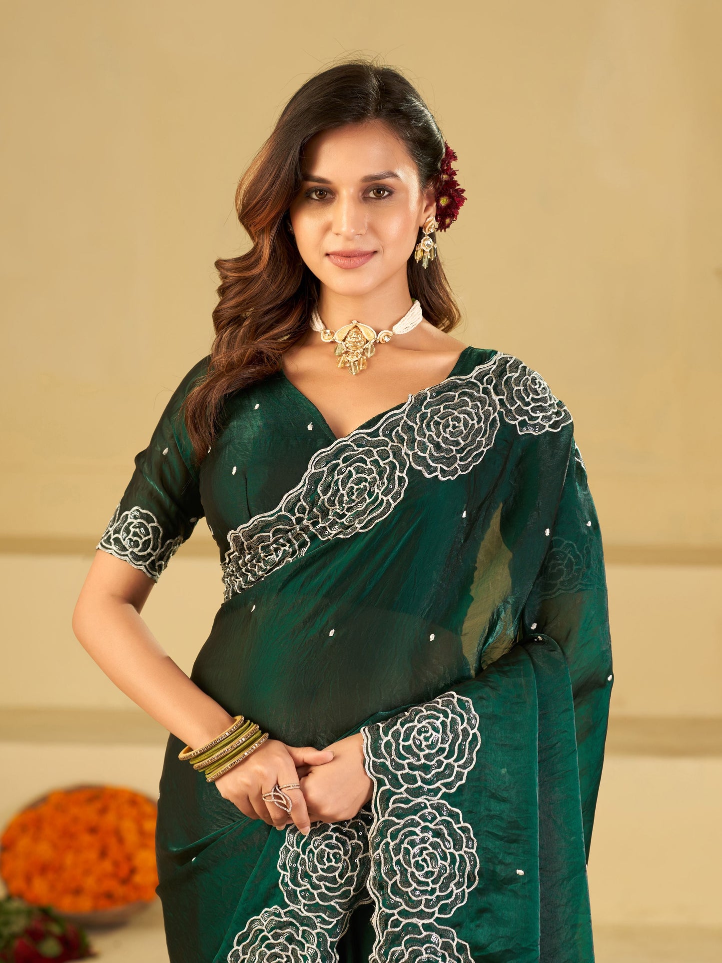 Bottle Green Fendy Satin Saree with White Floral Embroidery Border | Elegant Designer Party Wear Saree with Blouse