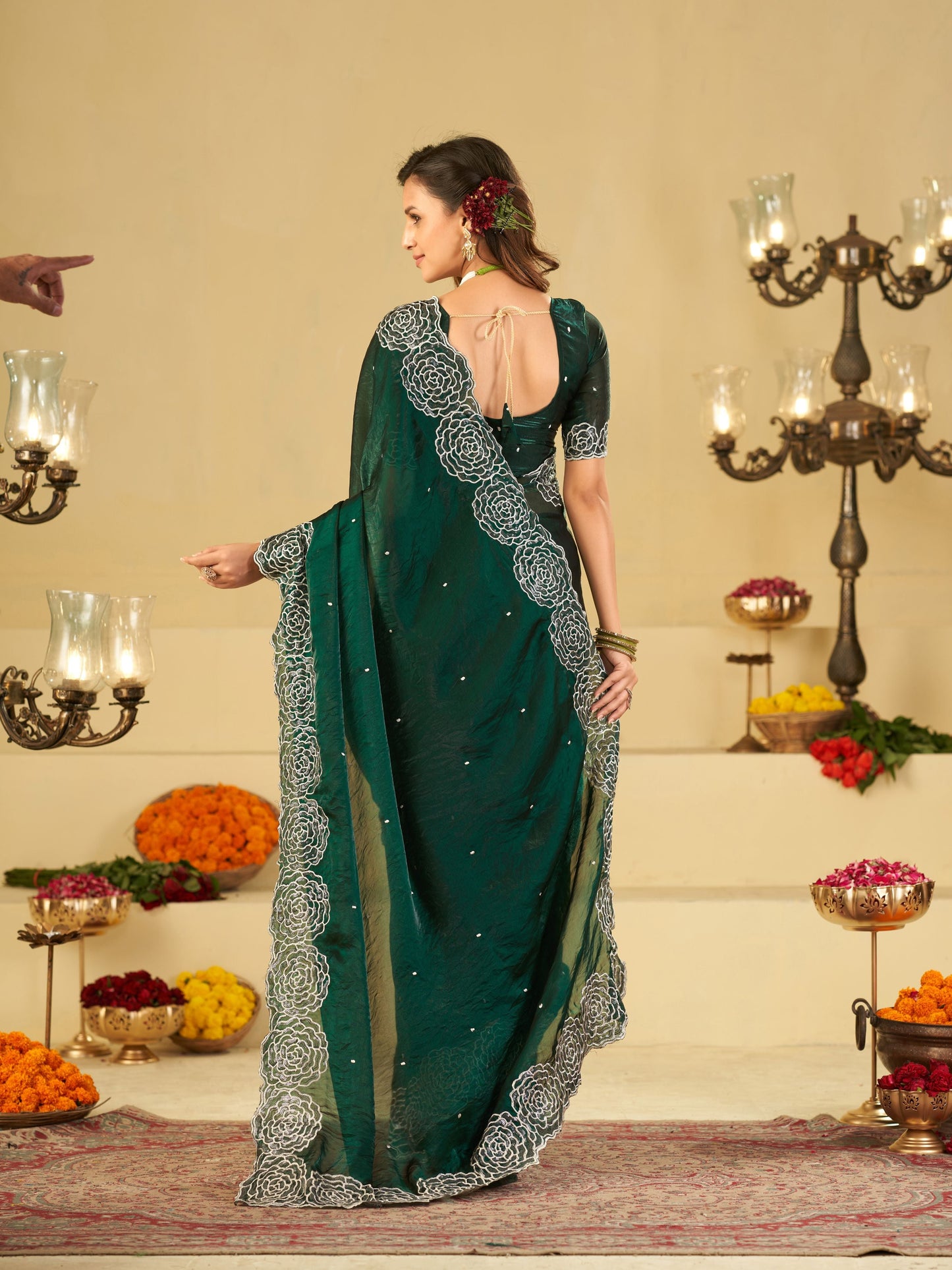 Bottle Green Fendy Satin Saree with White Floral Embroidery Border | Elegant Designer Party Wear Saree with Blouse