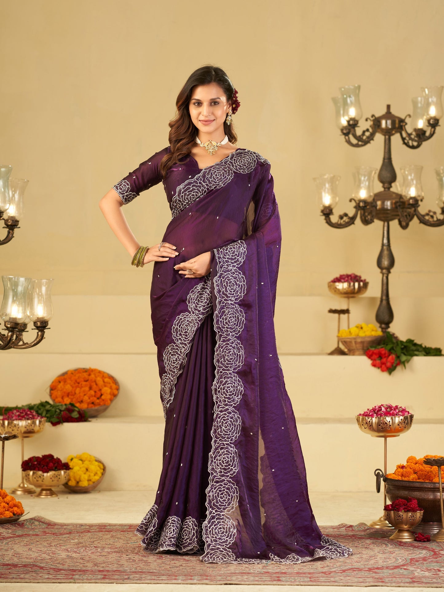 Royal Purple Fendy Satin Saree with White Floral Embroidery Border | Elegant Designer Party Wear Saree with Blouse