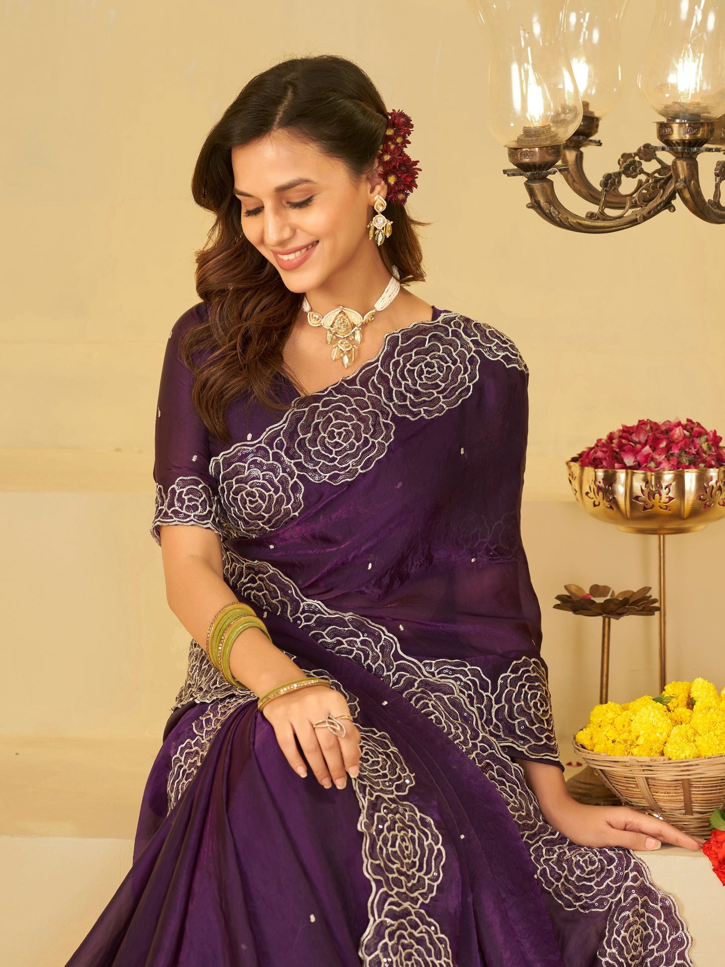 Royal Purple Fendy Satin Saree with White Floral Embroidery Border | Elegant Designer Party Wear Saree with Blouse