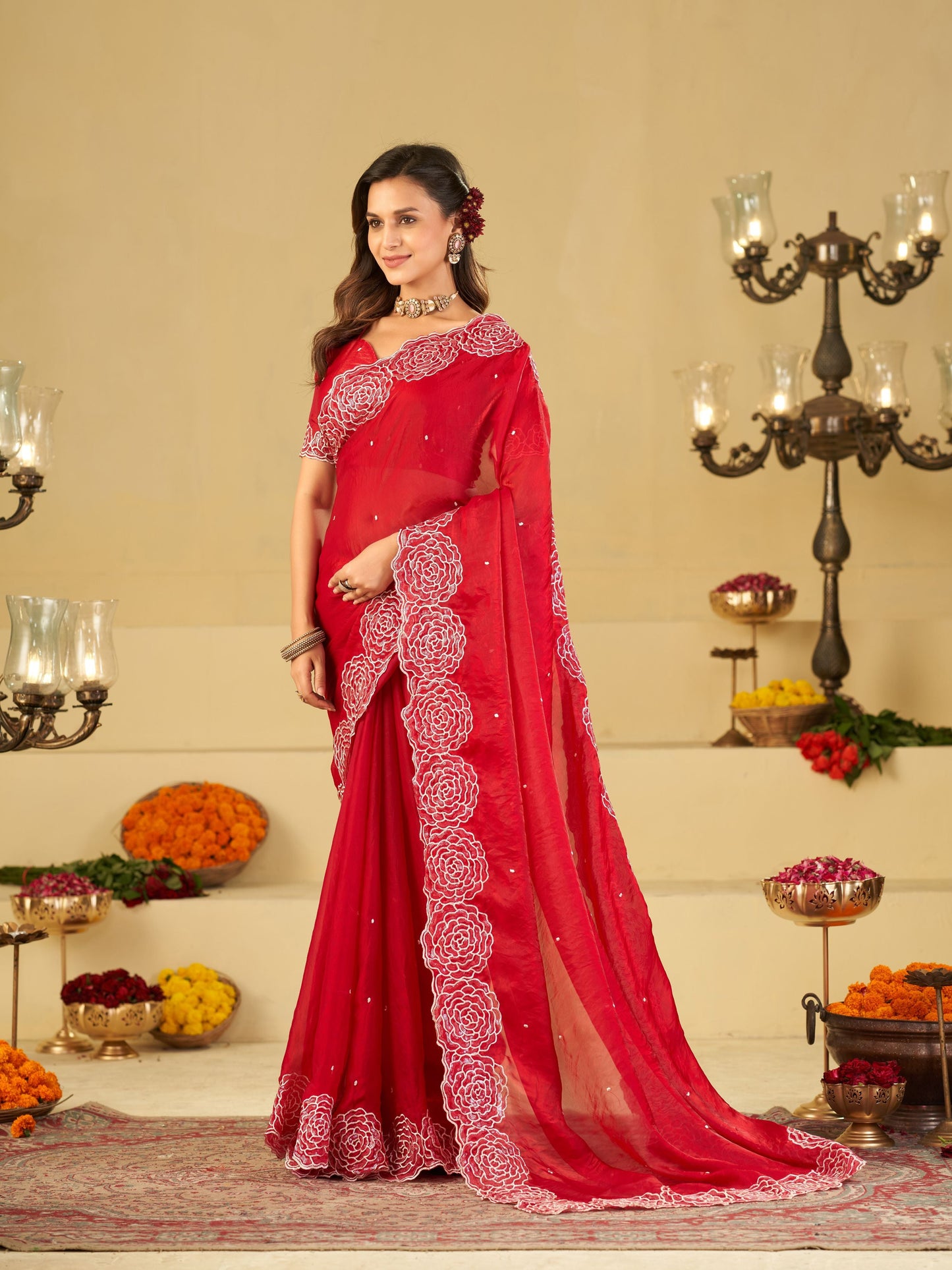Ruby Red Fendy Satin Saree with White Floral Embroidery Border | Designer Party Wear Saree with Matching Blouse
