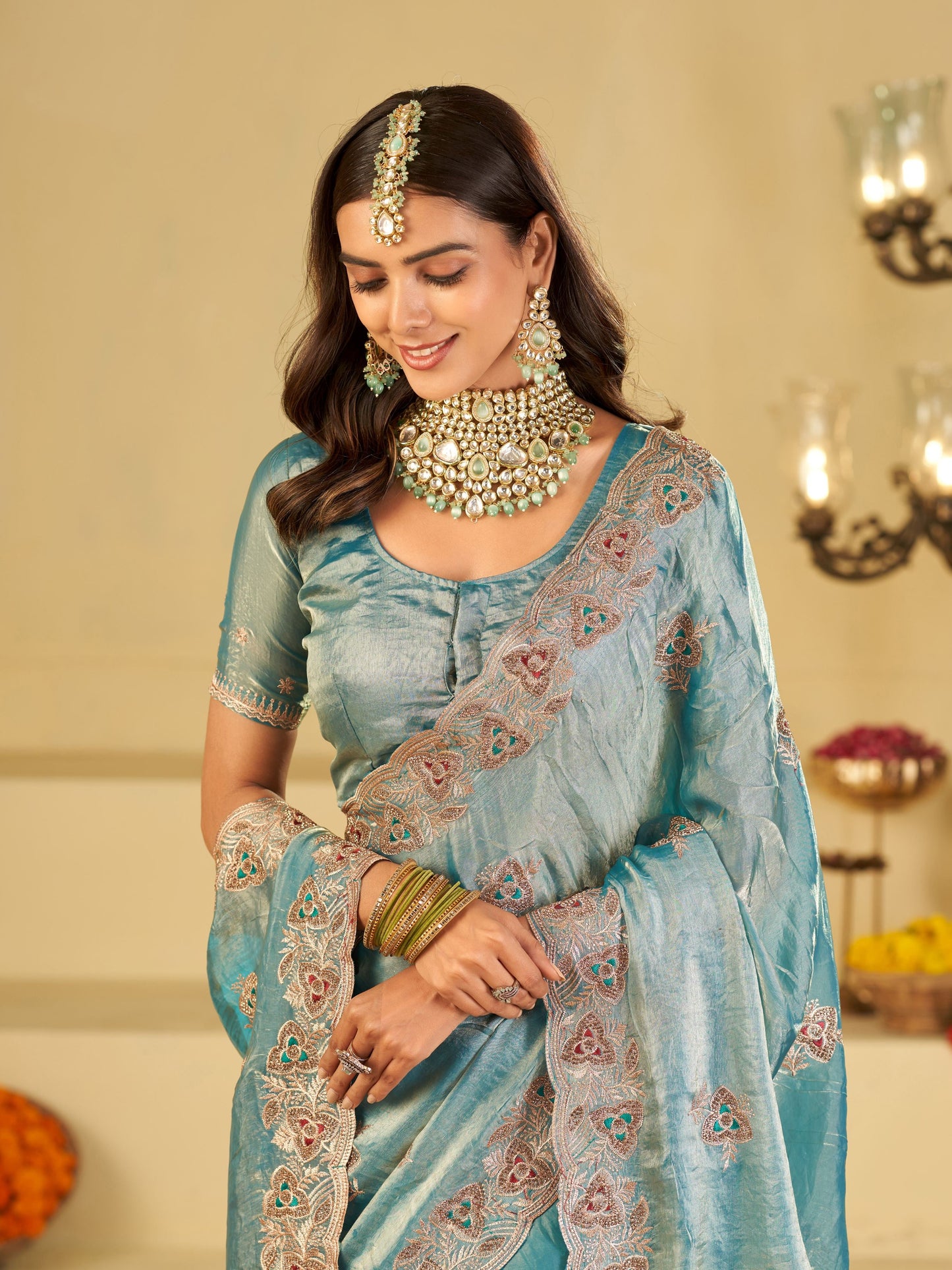 Sky Blue Designer Fendy Satin Saree with Heavy Embroidered Border | Elegant Festive Party Wear Saree with Intricate Embroidery & Matching Blouse
