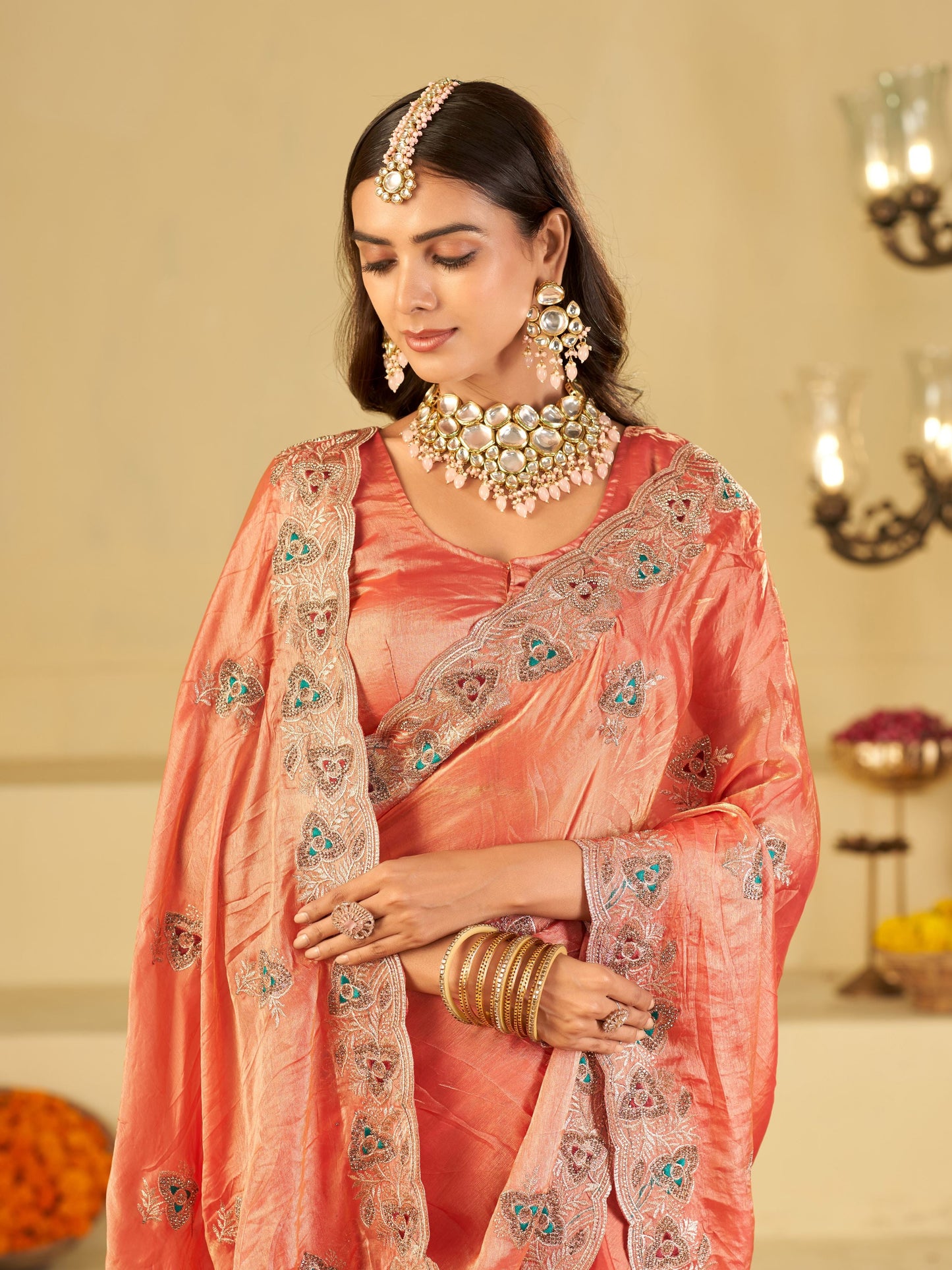 Peach Pink Designer Fendy Satin Saree with Heavy Embroidered Border | Elegant Party Wear Ethnic Saree with Intricate Embroidery & Matching Blouse