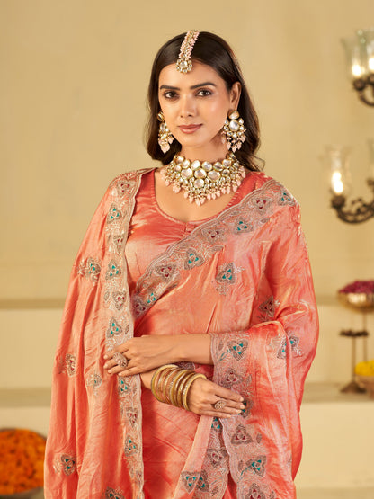 Peach Pink Designer Fendy Satin Saree with Heavy Embroidered Border | Elegant Party Wear Ethnic Saree with Intricate Embroidery & Matching Blouse
