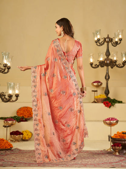 Peach Pink Designer Fendy Satin Saree with Heavy Embroidered Border | Elegant Party Wear Ethnic Saree with Intricate Embroidery & Matching Blouse