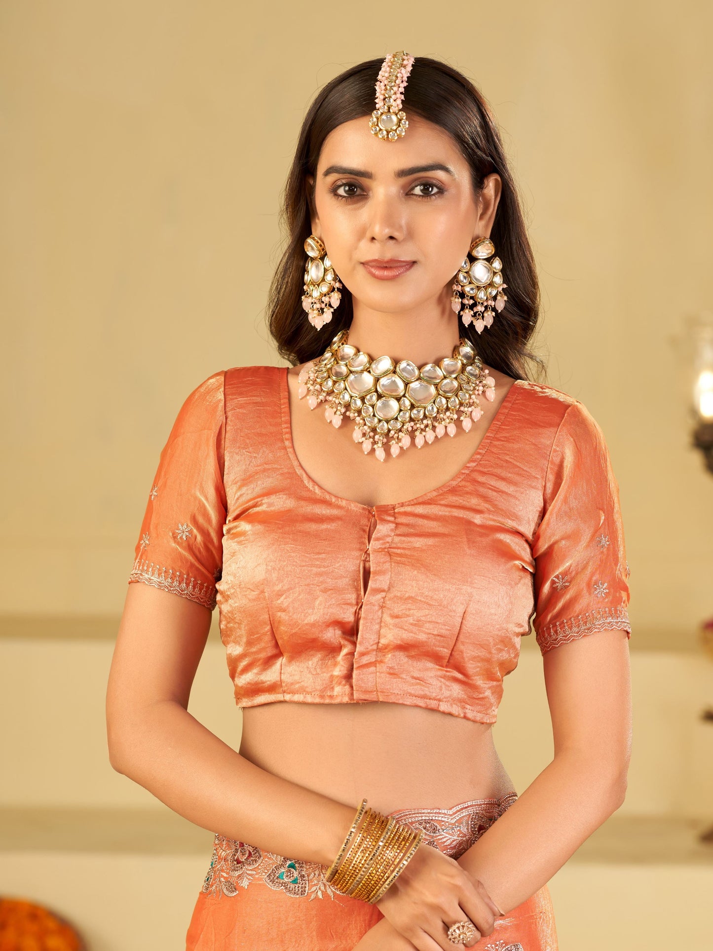 Peach Designer Fendy Satin Saree with Heavy Embroidered Border | Elegant Festive Party Wear Saree with Intricate Embroidery & Matching Blouse