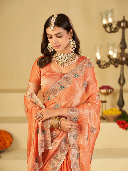 Peach Designer Fendy Satin Saree with Heavy Embroidered Border | Elegant Festive Party Wear Saree with Intricate Embroidery & Matching Blouse