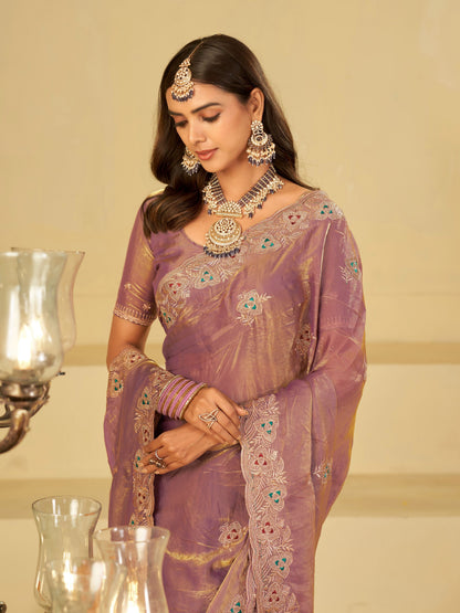 Lavender Designer Fendy Satin Saree with Heavy Embroidered Border | Elegant Party Wear Festive Saree with Intricate Embroidery & Matching Blouse