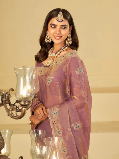 Lavender Designer Fendy Satin Saree with Heavy Embroidered Border | Elegant Party Wear Festive Saree with Intricate Embroidery & Matching Blouse