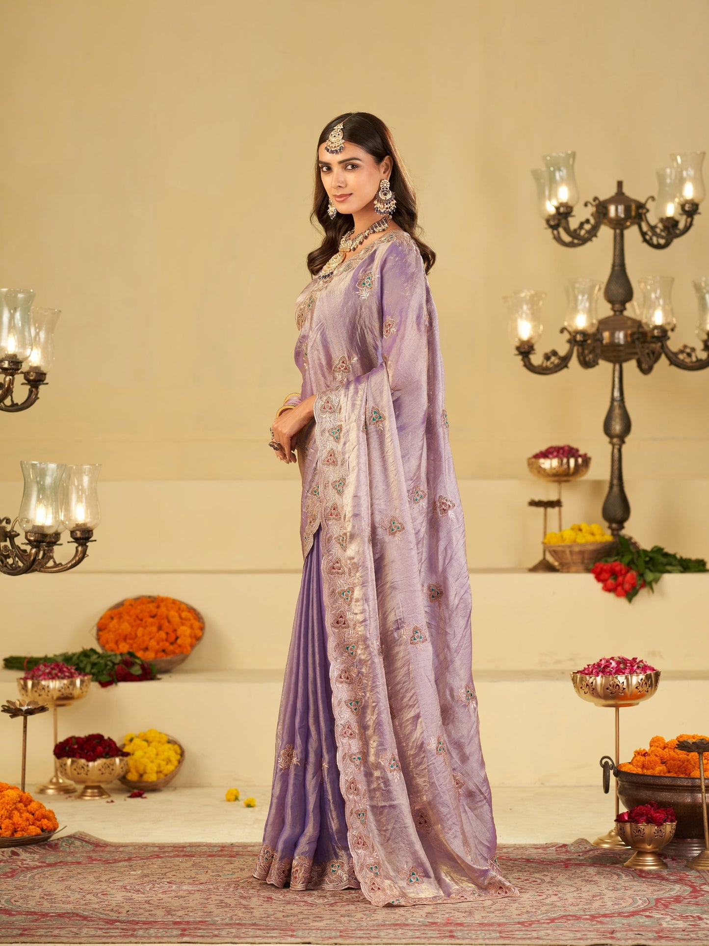 Pastel Lavender Designer Fendy Satin Saree with Heavy Embroidered Border | Elegant Party Wear Festive Saree with Intricate Embroidery & Matching Blouse