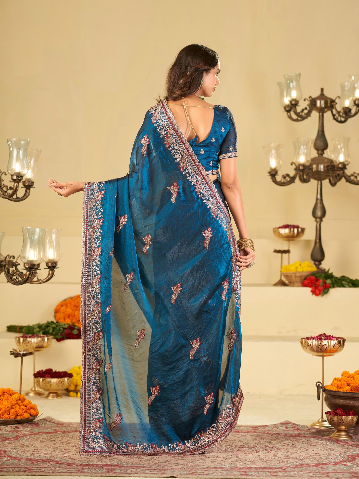 Royal Blue Designer Fendy Satin Saree with Heavy Embroidered Border | Premium Festive Party Wear Saree with Intricate Embroidery & Matching Blouse