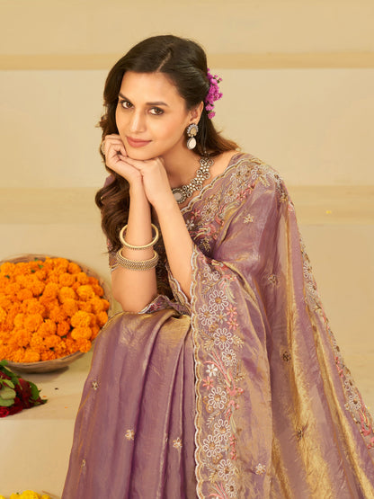 Lavender Purple Fendy Satin Saree with Floral Embroidery Border | Designer Party Wear Embroidered Saree with Blouse