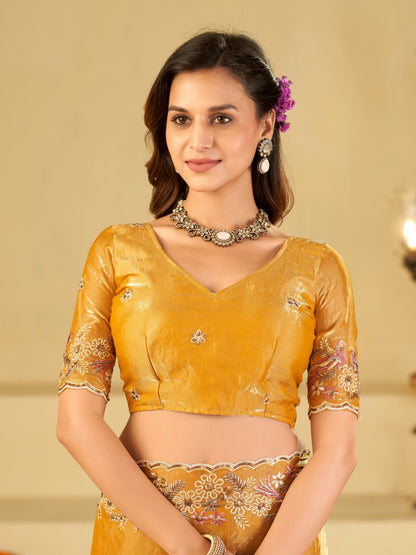 Mustard Yellow Fendy Satin Saree with Floral Embroidery Border | Designer Embroidered Party Wear Saree with Blouse
