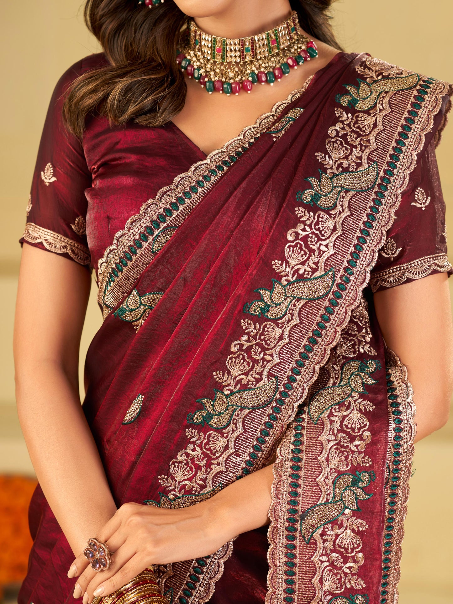Wine Maroon Designer Fendy Satin Saree with Heavy Embroidered Border | Premium Festive Party Wear Saree with Elegant Embroidery & Matching Blouse