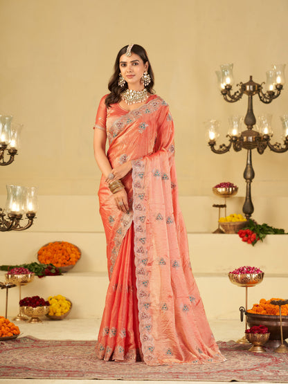Peach Pink Designer Fendy Satin Saree with Heavy Embroidered Border | Elegant Party Wear Ethnic Saree with Intricate Embroidery & Matching Blouse