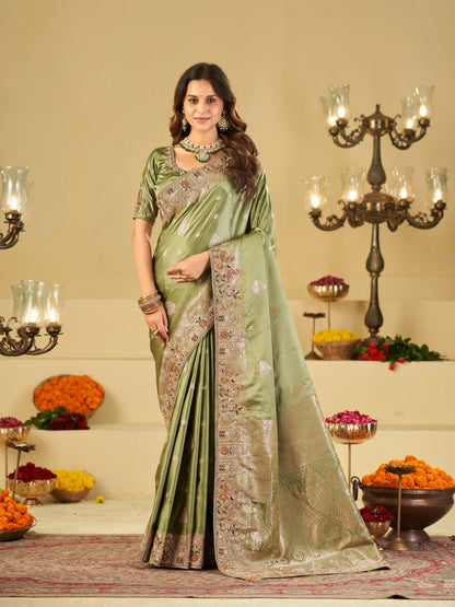 Pista Green Banarasi Silk Saree with Floral Embroidered Border & Rich Zari Weaving | Designer Festive Wedding Saree