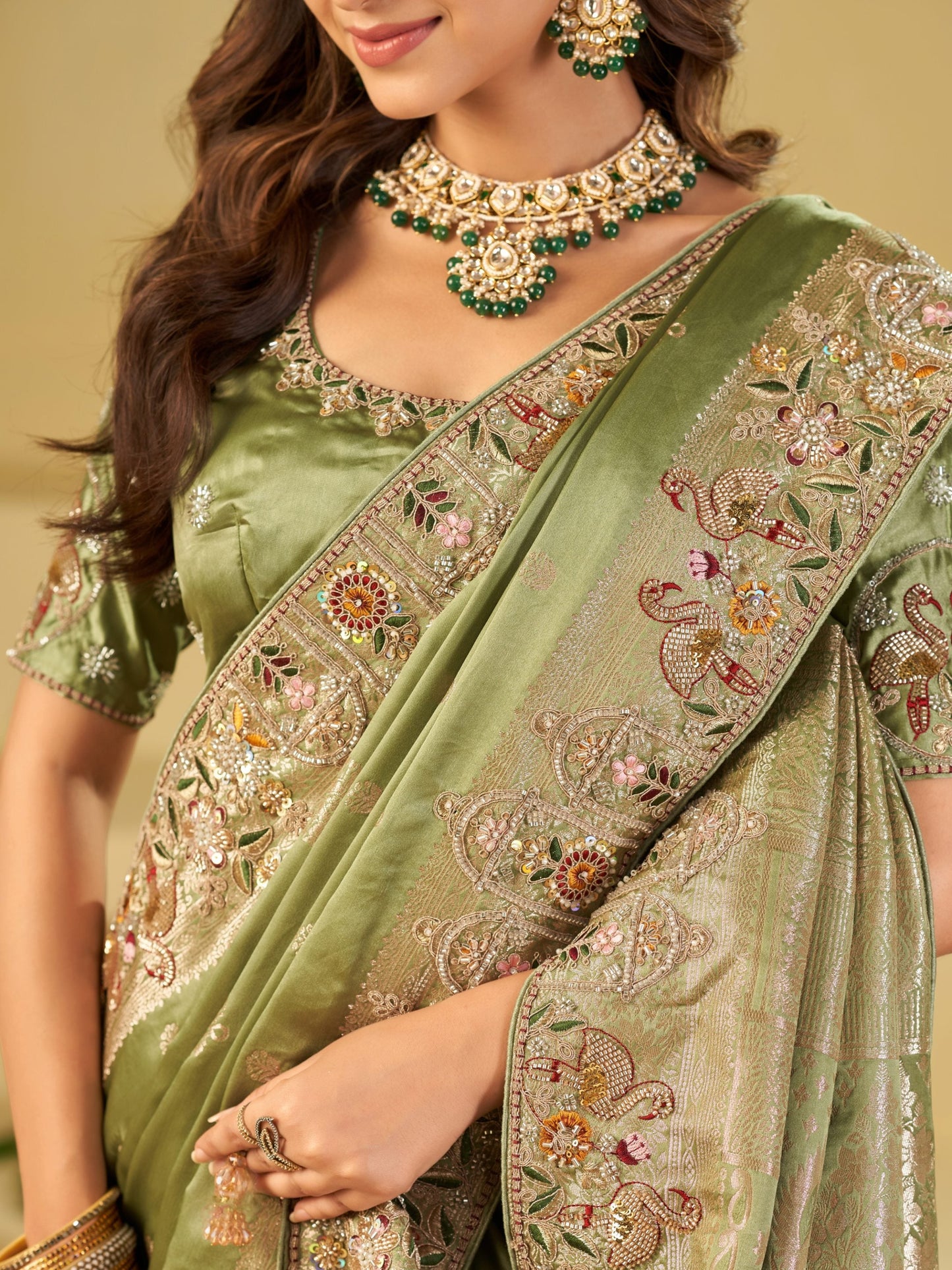 Pista Green Banarasi Silk Saree with Floral Embroidered Border & Rich Zari Weaving | Designer Festive Wedding Saree
