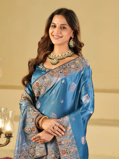 Royal Sky Blue Banarasi Silk Saree with Floral Embroidered Border & Rich Zari Woven Pallu | Designer Wedding Festive Saree