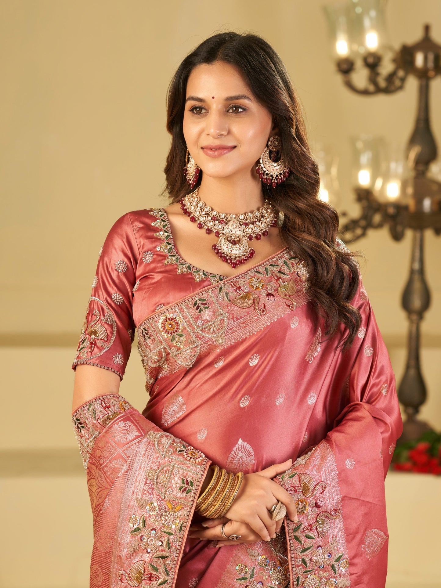 Rose Pink Banarasi Silk Saree with Floral Embroidered Border & Rich Zari Weaving | Designer Wedding Festive Saree