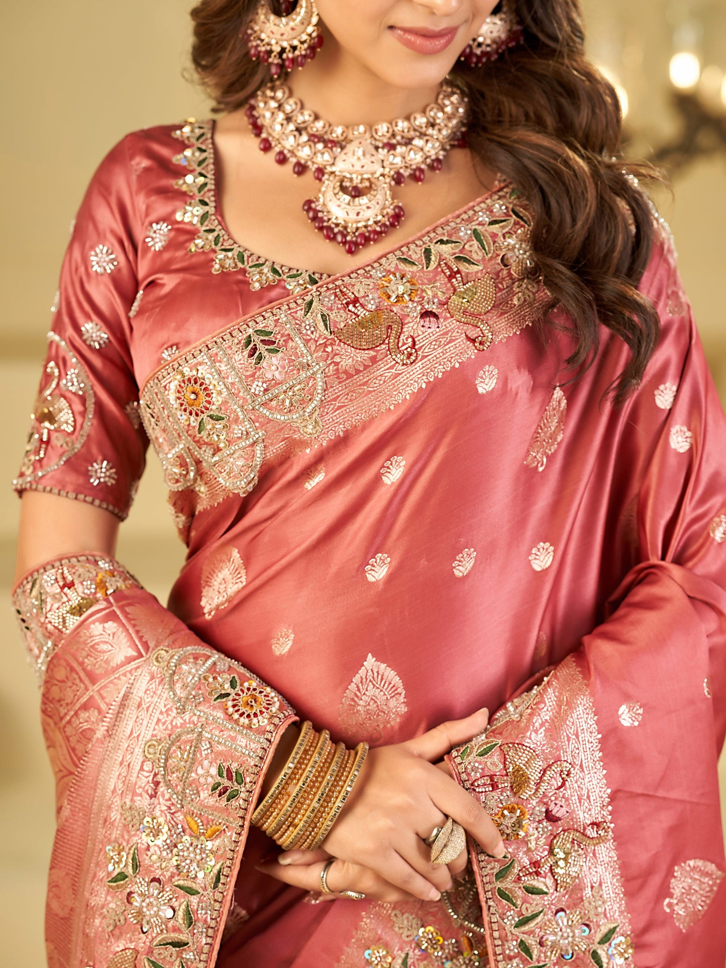 Rose Pink Banarasi Silk Saree with Floral Embroidered Border & Rich Zari Weaving | Designer Wedding Festive Saree