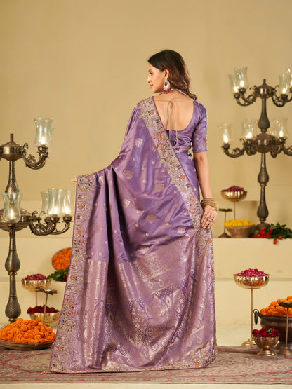Lavender Banarasi Silk Saree with Floral Embroidered Border & Rich Zari Weaving | Designer Wedding Festive Saree
