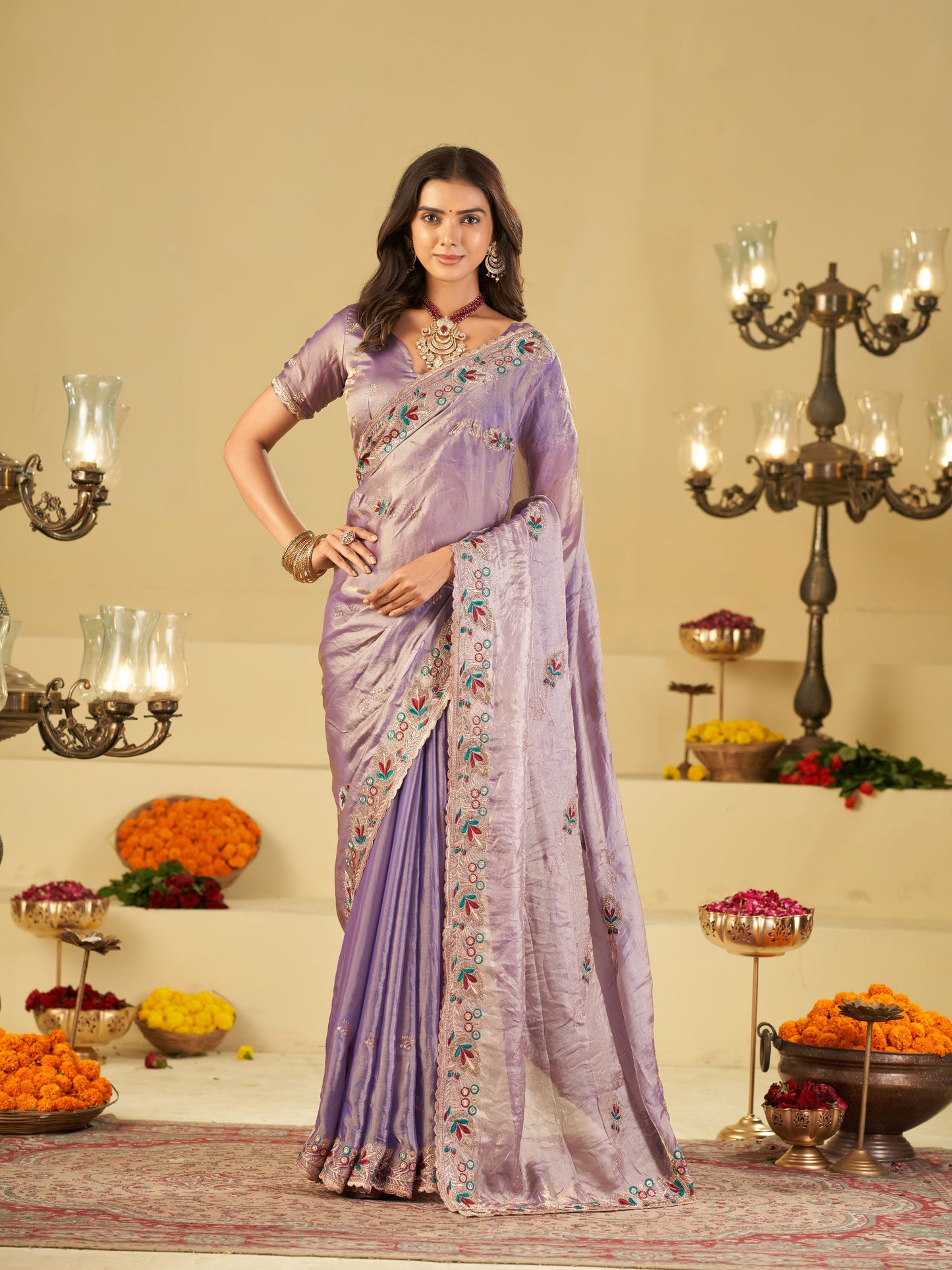 Lavender Purple Designer Fendy Satin Saree with Floral Embroidered Border & Elegant Thread Work | Premium Festive Party Wear Saree