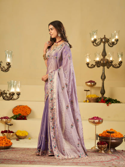 Lavender Purple Designer Fendy Satin Saree with Floral Embroidered Border & Elegant Thread Work | Premium Festive Party Wear Saree