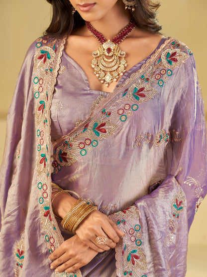 Lavender Purple Designer Fendy Satin Saree with Floral Embroidered Border & Elegant Thread Work | Premium Festive Party Wear Saree