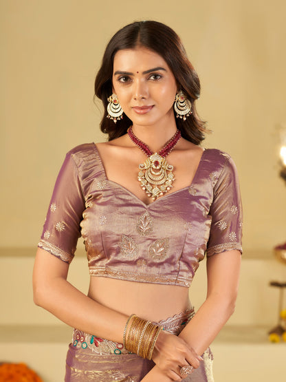 Lavender Designer Fendy Satin Saree with Multicolor Floral Embroidered Border & Elegant Thread Work | Premium Festive Party Wear Saree