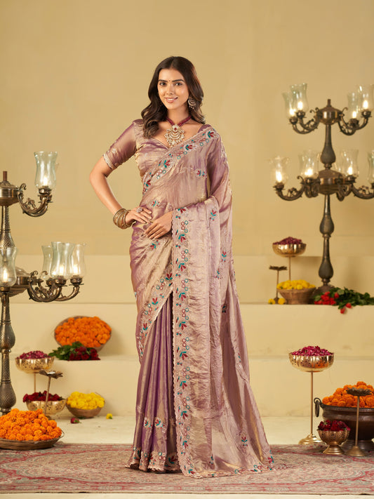 Lavender Designer Fendy Satin Saree with Multicolor Floral Embroidered Border & Elegant Thread Work | Premium Festive Party Wear Saree