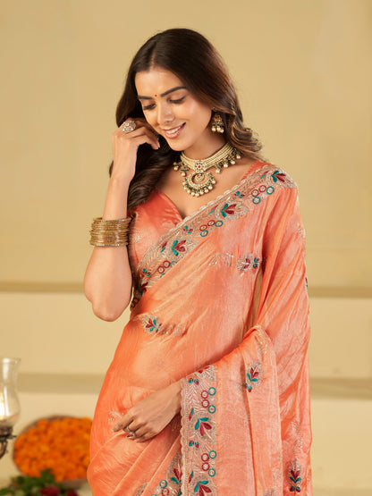Peach Designer Fendy Satin Saree with Floral Embroidered Border & Elegant Thread Work | Premium Festive Party Wear Saree