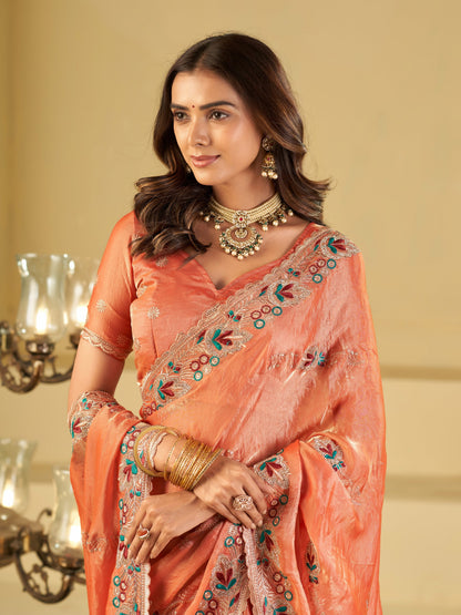 Peach Designer Fendy Satin Saree with Floral Embroidered Border & Elegant Thread Work | Premium Festive Party Wear Saree