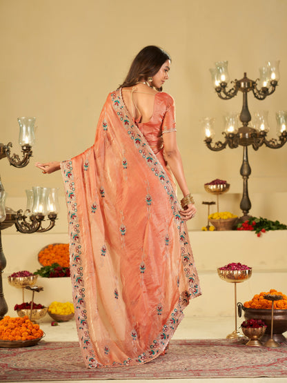 Peach Designer Fendy Satin Saree with Floral Embroidered Border & Elegant Thread Work | Premium Festive Party Wear Saree