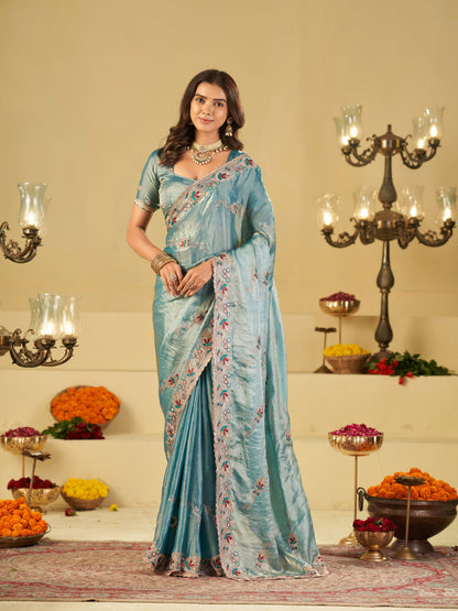 Sky Blue Designer Fendy Satin Saree with Floral Embroidered Border & Intricate Thread Work | Elegant Festive Party Wear Saree
