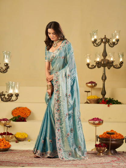Sky Blue Designer Fendy Satin Saree with Floral Embroidered Border & Intricate Thread Work | Elegant Festive Party Wear Saree
