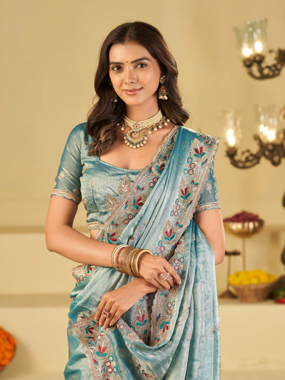 Sky Blue Designer Fendy Satin Saree with Floral Embroidered Border & Intricate Thread Work | Elegant Festive Party Wear Saree