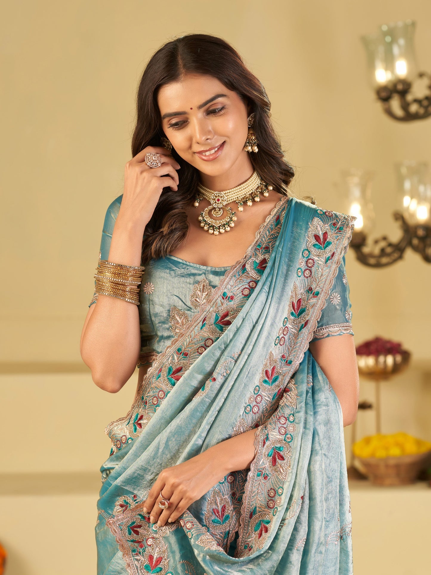 Sky Blue Designer Fendy Satin Saree with Floral Embroidered Border & Intricate Thread Work | Elegant Festive Party Wear Saree