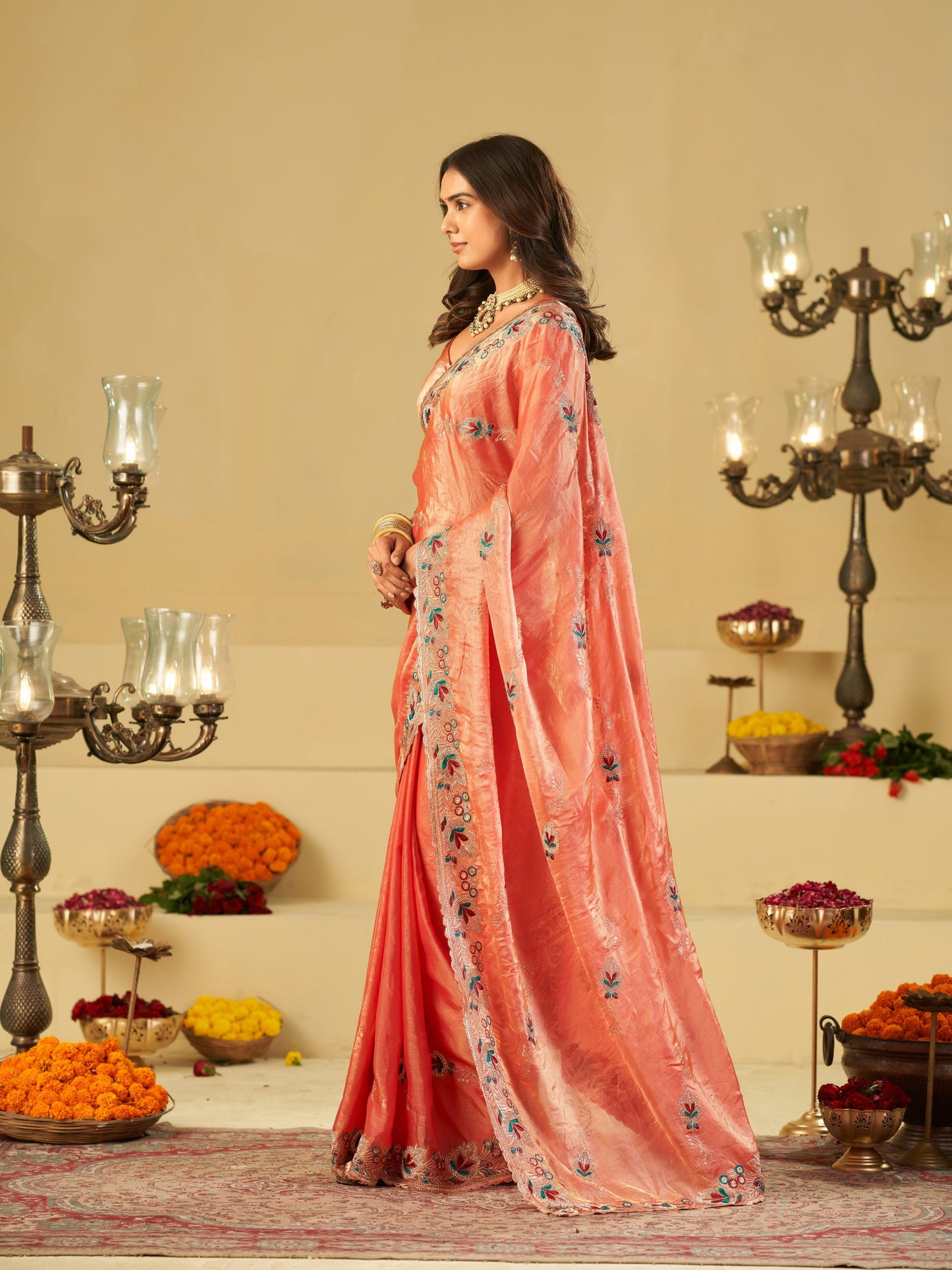 Coral Peach Designer Fendy Satin Saree with Floral Embroidered Border & Elegant Thread Work | Premium Festive Party Wear Saree