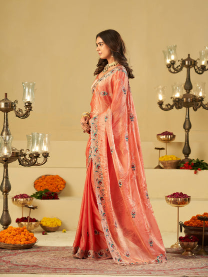 Coral Peach Designer Fendy Satin Saree with Floral Embroidered Border & Elegant Thread Work | Premium Festive Party Wear Saree