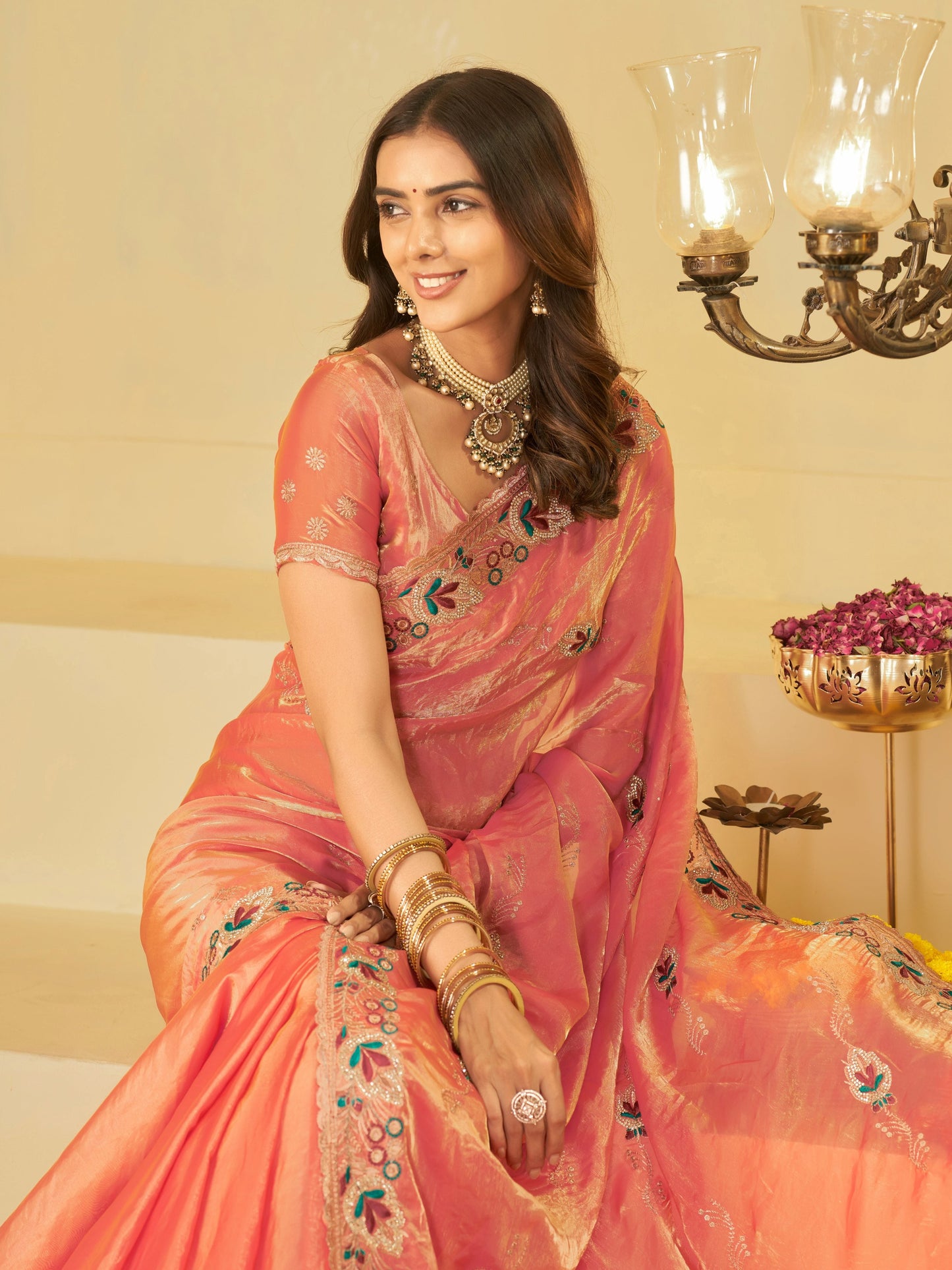 Coral Peach Designer Fendy Satin Saree with Floral Embroidered Border & Elegant Thread Work | Premium Festive Party Wear Saree