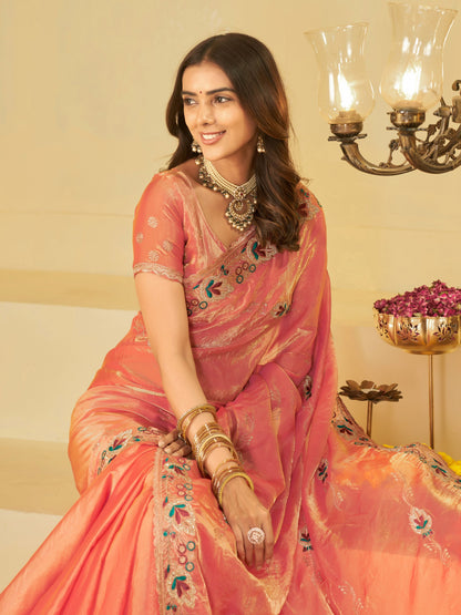 Coral Peach Designer Fendy Satin Saree with Floral Embroidered Border & Elegant Thread Work | Premium Festive Party Wear Saree