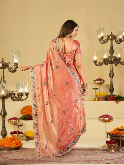 Coral Peach Designer Fendy Satin Saree with Floral Embroidered Border & Elegant Thread Work | Premium Festive Party Wear Saree
