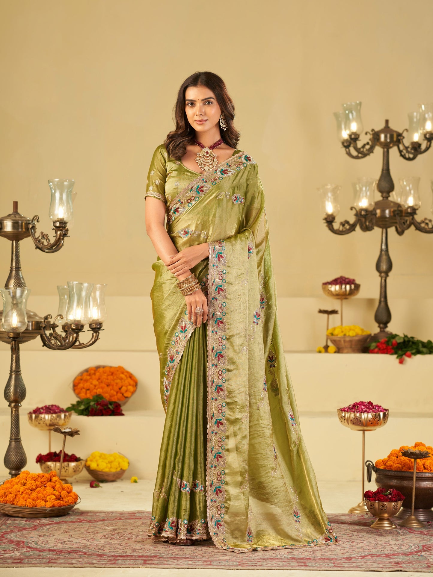Olive Green Designer Fendy Satin Saree with Floral Embroidered Border & Multicolor Thread Work | Premium Festive Party Wear Saree