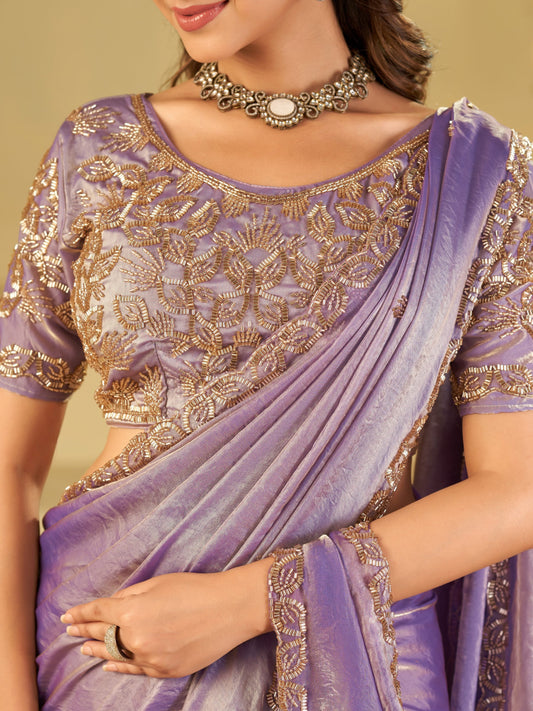 Lavender Designer Fendy Satin Saree with Heavy Embroidered Blouse & Sequin Border | Premium Wedding & Festive Wear Saree