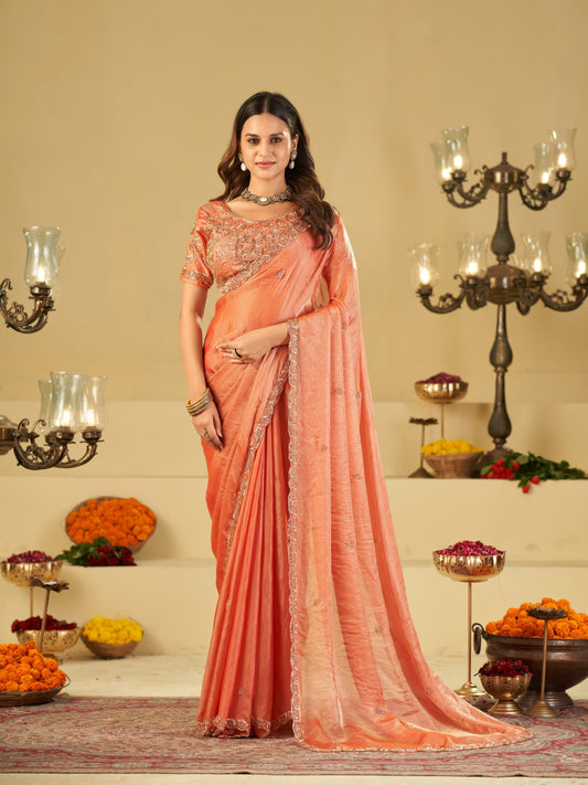 Peach Designer Fendy Satin Saree with Heavy Embroidered Blouse & Sequin Border | Elegant Wedding & Festive Saree