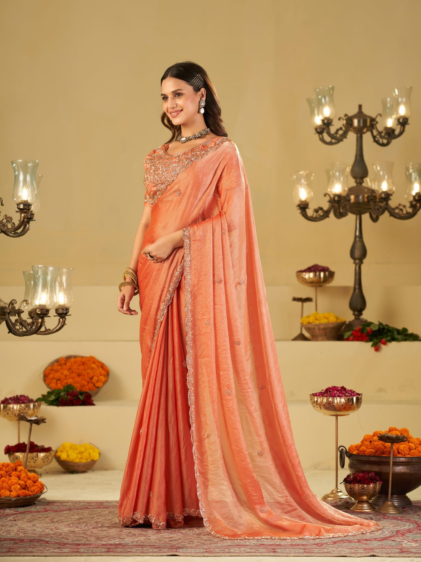 Peach Designer Fendy Satin Saree with Heavy Embroidered Blouse & Sequin Border | Elegant Wedding & Festive Saree
